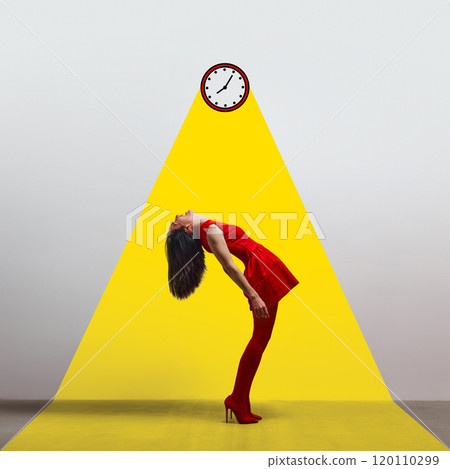 Woman in red dress leaning backward dramatically under yellow spotlight with clock above. Tension of time, urgency, and emotional pressure. Contemporary art collage. 120110299
