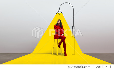 Woman in red outfit sitting on yellow stool under yellow spotlight. Contemplation, dreams, fantasy and imagination. Contemporary art collage. 120110301