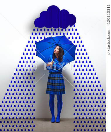 Woman dressed in blue, standing under blue umbrella with abstract rain cloud and raindrops. Sadness, loneliness. Contemporary art collage. 120110311