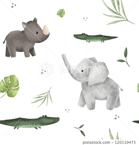 Seamless pattern with leaves monstera and african animals rhinoceros and elephant for children's design. Hand drawn illustration crocodile Cute Print for childish textile design or wallpaper Seamless pattern with leaves monstera and african animals rhinoceros and elephant for children's design. Hand drawn illustration crocodile Cute Print for childish textile design or wallpaper 120110473
