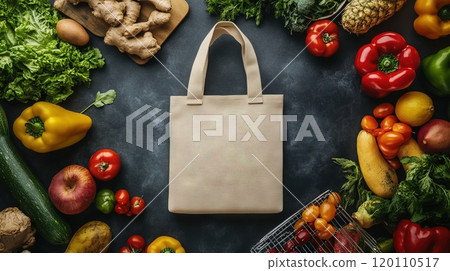 Close-up of reusable grocery bag filled with fresh produce 120110517