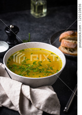 Chicken broth with parsley, healthy food 120110656