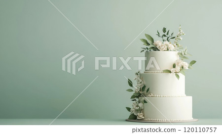 Wedding cake with beautiful flowers on solid pastel color background, copy space 120110757