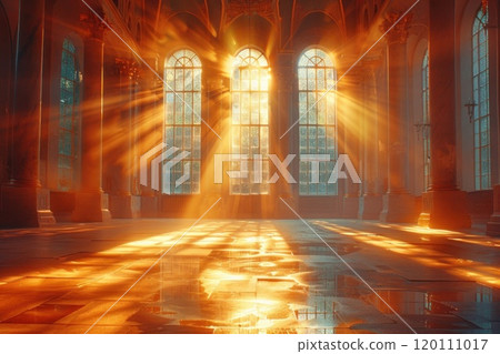 Sunlit Church Interior Featuring Stunning Stained Glass Windows and Serene Sunlight Illumination 120111017