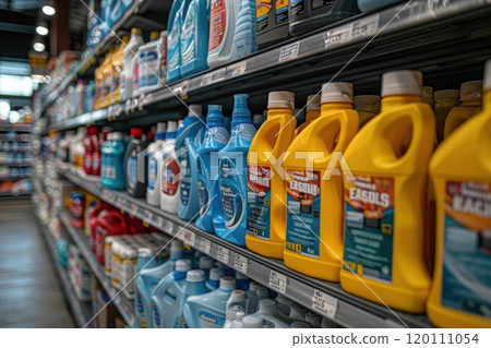 Colorful plastic bottles and containers displayed on store shelves for retail sale Colorful plastic bottles and containers displayed on store shelves for retail sale 120111054