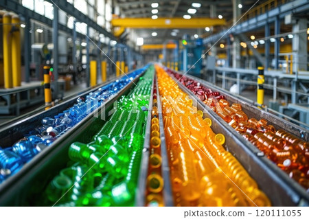 Bottles sorted by color on conveyor belt in factory for efficient production. 120111055