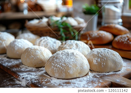 Raw dough for baking bread or pizza on wooden table with flour, two loaves on right 120111142