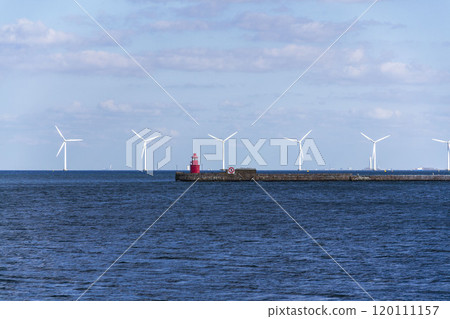 White turbines of Middelgrunden wind farm outside Copenhagen, Denmark, sustainable renewable electricity concept White turbines of Middelgrunden wind farm outside Copenhagen, Denmark, sustainable renewable electricity concept 120111157