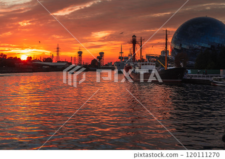 Pregolya River and ships in Kaliningrad at sunset. Russia 120111270