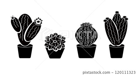 Set of black and white cartoon indoor cactus succulents in pots 120111323