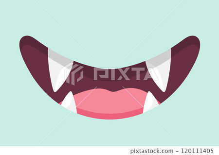Cute cartoon monster mouth background. Monster mouth with fangs in childish style on blue background. Vector illustration Cute cartoon monster mouth background. Monster mouth with fangs in childish style on blue background. Vector illustration 120111405