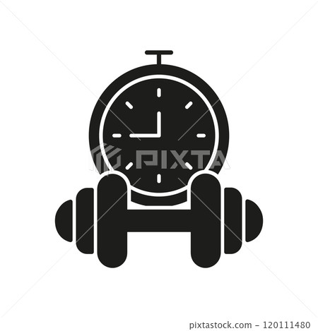 Timed Exercise with Dumbbell and Stopwatch Silhouette Icon. Fitness Routine and Training Schedule. Isolated Vector Illustration Timed Exercise with Dumbbell and Stopwatch Silhouette Icon. Fitness Routine and Training Schedule. Isolated Vector Illustration 120111480