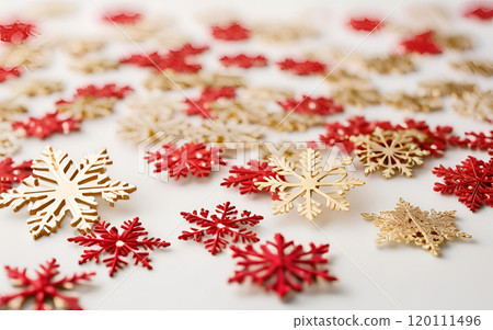 Background material of gold and red snowflakes falling on white snow Background material of gold and red snowflakes falling on white snow 120111496
