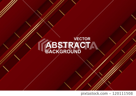 Abstract background with luxury glossy golden lines pattern on red backdrop. Wallpaper with glowing gold geometric stripes with elegant burgundy texture for celebration template. Vector illustration 120111508