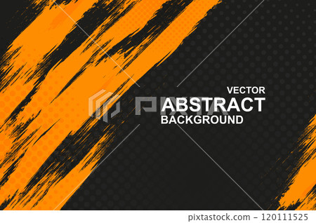 Abstract background with orange decorative grunge brush stroke stamps on black dots pattern backdrop. Vibrant wallpaper with messy rough paint on dark simple grid print texture. Vector illustration 120111525