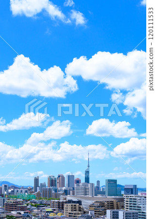 View of Momochihama, Jigyohama, and Fukuoka Tower in Sawara Ward from Tojinmachi and Ohori Park in the direction of Fukuoka City. Summer morning 2024. Vertical cropping. 120111533