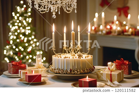 A room decorated with a Christmas tree, candles, Christmas presents and Christmas stockings 120111582