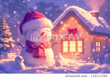 A cute little snowman in a Santa Claus hat stands in a snowy Christmas scene, with an illuminated cottage and a decorated lush Christmas tree nearby 120111598
