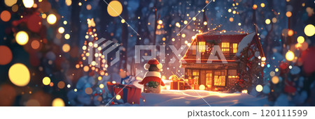 In a whimsical winter setting, a cute owlet dons a Santa hat, surrounded by snow and a glowing cottage with soft light and sparkling colors, adding to the festive Christmas mood, banner 120111599
