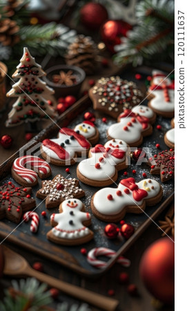An artistic close-up showcasing an assortment of Christmas cookies snowflakes, candy canes, and snowmen adorned with intricate frosting designs and shimmering edible glitter 120111637