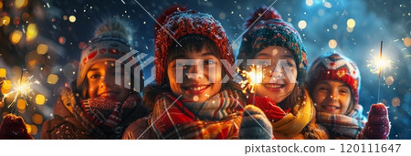 A joyful group of friends, holding sparklers, pose in front of a festively decorated Christmas tree with glowing lights, creating a cheerful holiday scene, banner 120111647