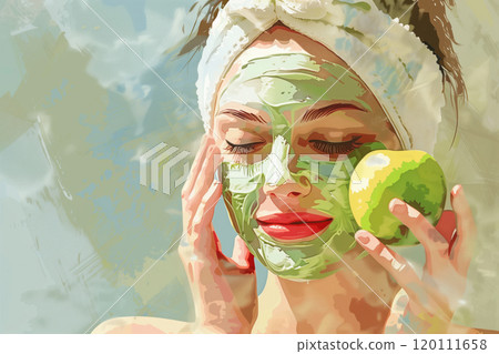 A woman applies a homemade face mask made from fresh fruits and vegetables, embracing natural skincare and enhancing her beauty routine with organic ingredients 120111658