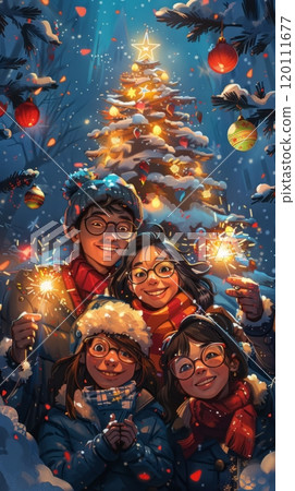 Friends gather with sparklers in hand, smiling warmly in front of a beautifully lit Christmas tree and glowing festive lights, celebrating the holiday season 120111677