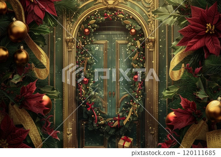 A lush circular Christmas garland, made of evergreen branches, red berries, and pine cones, adorned with golden ribbons and twinkling fairy lights, hangs on a rustic wooden door 120111685
