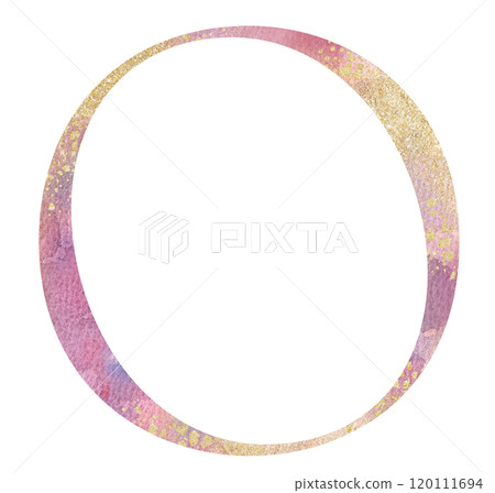 Light pink watercolor letter O with golden splashes, romantic wedding isolated monogram initials 120111694