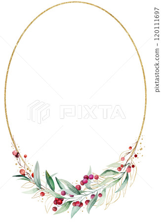 Christmas oval golden frame with watercolor green leaves and red berries. Holidays Illustration 120111697