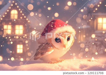 A cute little owlet in a Santa Claus hat perched in a snowy winter scene, with an adorable cottage glowing in soft light and sparkling Christmas colors in the background 120111708