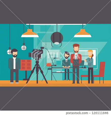 Journalism in television with live interview broadcasting tiny person concept. Mass media TV 120111846