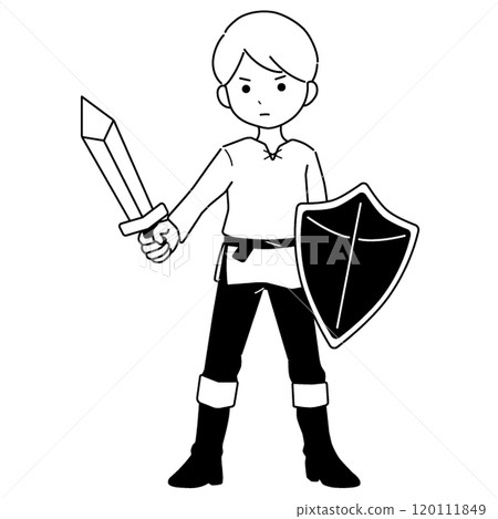 A man holding a sword and shield, monochrome A man holding a sword and shield, monochrome 120111849