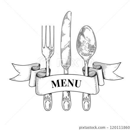 Cutlery logo. Restaurant meal menu. Fork and knife. Spoon sketch. Hand drawing tableware. Cafe dinner serving. Dining tablespoon. Outline kitchen utensil. Vector engraving silverware 120111860