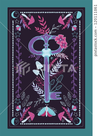 Boho poster. Tarot card. Witch magic key. Mystic mole. Esoteric celestial design. Medieval latchkey. Mushroom potion and gems. Spiritual flowers. Gypsy butterfly. Vector banner design 120111861