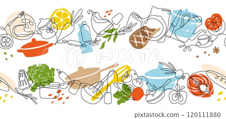 Food background. Line cooking pattern. Healthy kitchen menu. Chefs saucepan. Continuous art. Restaurant lunch. Meal recipe. Cutting vegetables. Color simple drawing. Vector culinary border 120111880