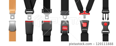 Seat belt. Airplane safety seatbelt. Buckle fasten car or plane driver. Road travel speed security. Drive caution. Fasten closing. Passenger protection in automobile. Vector objects set Seat belt. Airplane safety seatbelt. Buckle fasten car or plane driver. Road travel speed security. Drive caution. Fasten closing. Passenger protection in automobile. Vector objects set 120111888