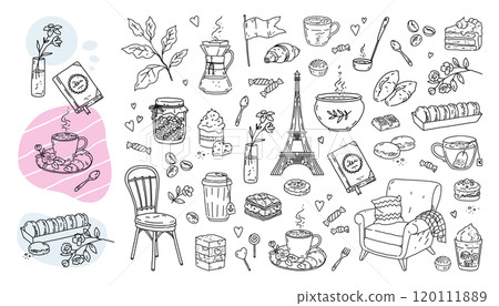 Handwriting cafe. Dinner icons. Coffee cup. Flower and cake designs in fall fashion style. Spring gift book. Paris macaroon. Cozy armchair with pillow. Hand drawn elements vector set Handwriting cafe. Dinner icons. Coffee cup. Flower and cake designs in fall fashion style. Spring gift book. Paris macaroon. Cozy armchair with pillow. Hand drawn elements vector set 120111889