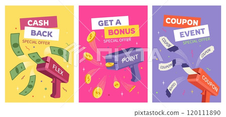 Coupon gun. 3D event voucher. Discount tickets for sale banner. Firecracker benefit machine. Sale event. Dollar cash or coins handgun. Money shooting weapon vector promotion posters set Coupon gun. 3D event voucher. Discount tickets for sale banner. Firecracker benefit machine. Sale event. Dollar cash or coins handgun. Money shooting weapon vector promotion posters set 120111890