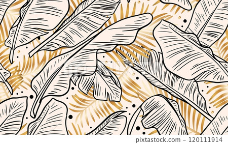 Leaf pattern. Fashion gold palm, flower and tree seamless golden wallpaper, summer plants. Poster and banner backdrop. Banana leaves modern ornament. Vector ethnic contemporary background 120111914