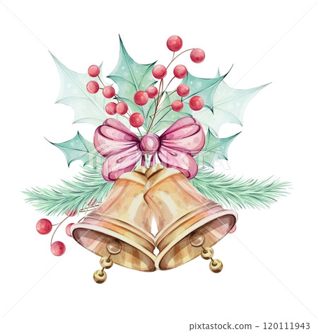 Watercolor christmas jingle golden bell with bow, with holly green leaves, red berries and fir. Isolated. Winter composition, decor. Illustration hand drawn for design, printing, greeting cards 120111943