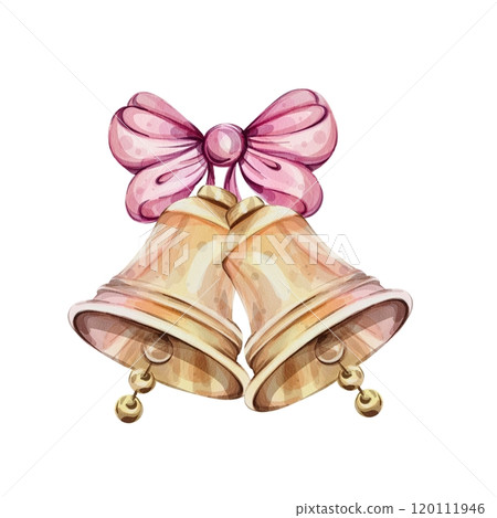 Watercolor christmas jingle golden bells with bow, isolated. Hand drawn Back to School illustration Watercolor christmas jingle golden bells with bow, isolated. Hand drawn Back to School illustration 120111946