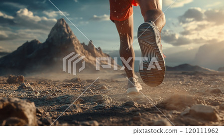Ultra-Realistic Runner in Modern Sneakers on Dry Mountain Terrain 120111962
