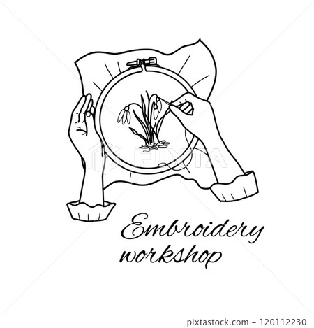 Embroidery, Needlework Classes Logo. Female Hands embroidering on a hoop Flowers. Vector hand drawn illustration in doodle style isolated on a white background. Vintage Sketch. 120112230