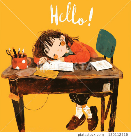 [Letters and Words] A desk, a dozing girl, and the word "Hello!" 120112316