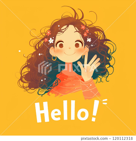 [Letters and Words] A girl raising her hand and the word "Hello!" 120112318