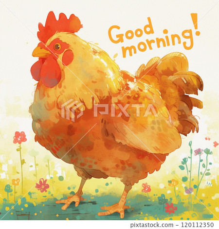 [Letters and words] A chicken and the words "Good morning!" 120112350