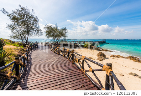 exotic landscape with wooden pier leading to the ocean in Africa 120112395