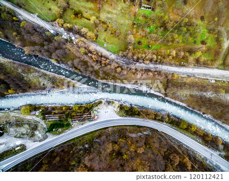 Streams of Aragvi river colliding, Georgia, aerial Streams of Aragvi river colliding, Georgia, aerial 120112421