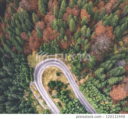 Aerial view of curly road Aerial view of curly road 120112449